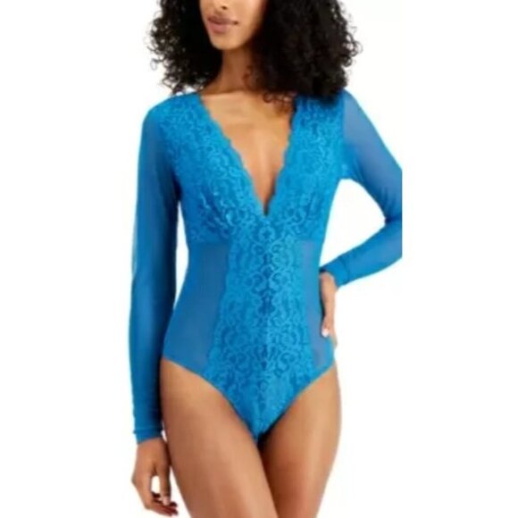 INC International Concepts Womens XL Long-Sleeve Lace Mesh Bodysuit Blue 891 - Picture 1 of 9